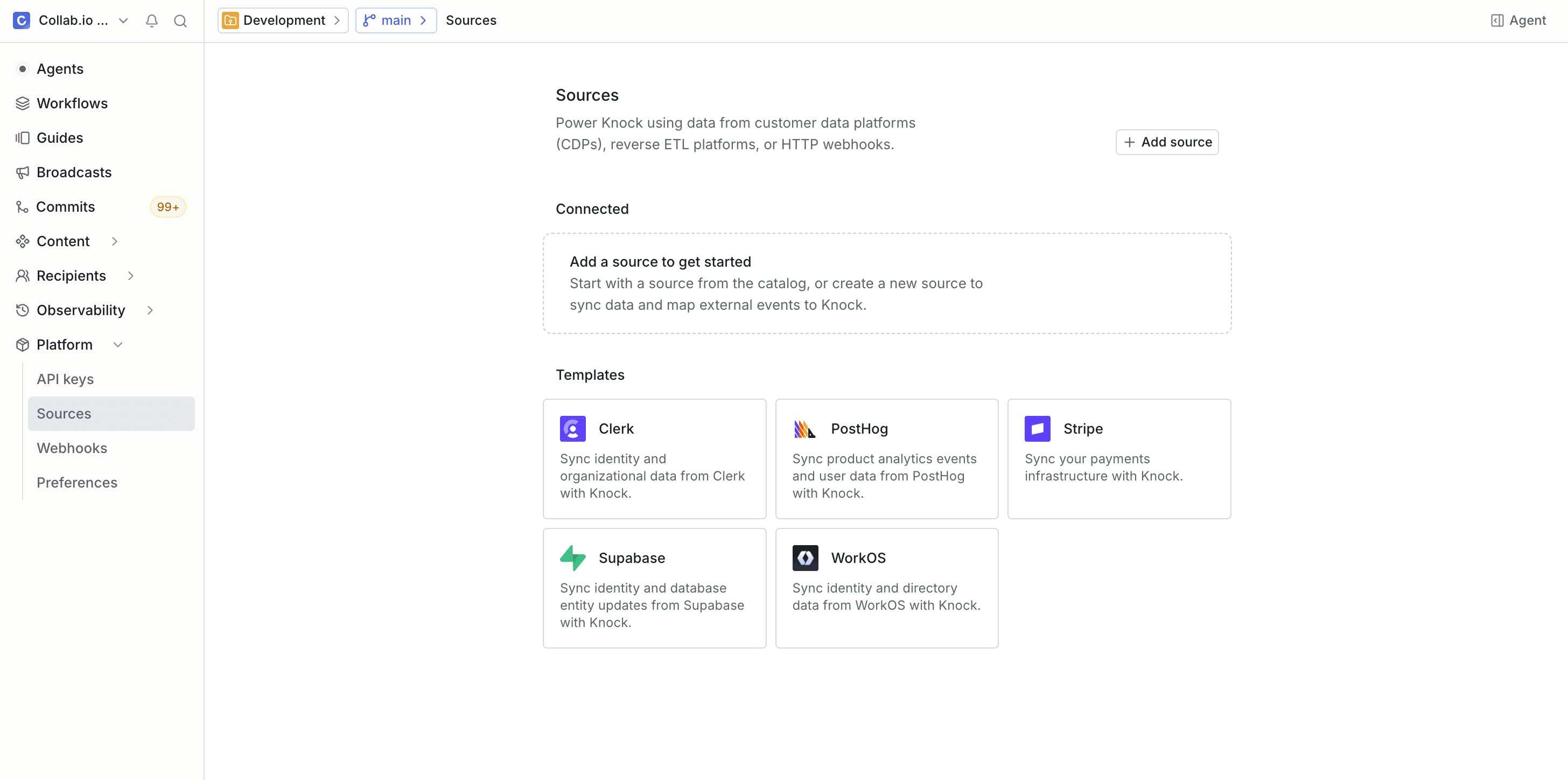 A screenshot of where to find the Platform - Sources page in the Knock dashboard