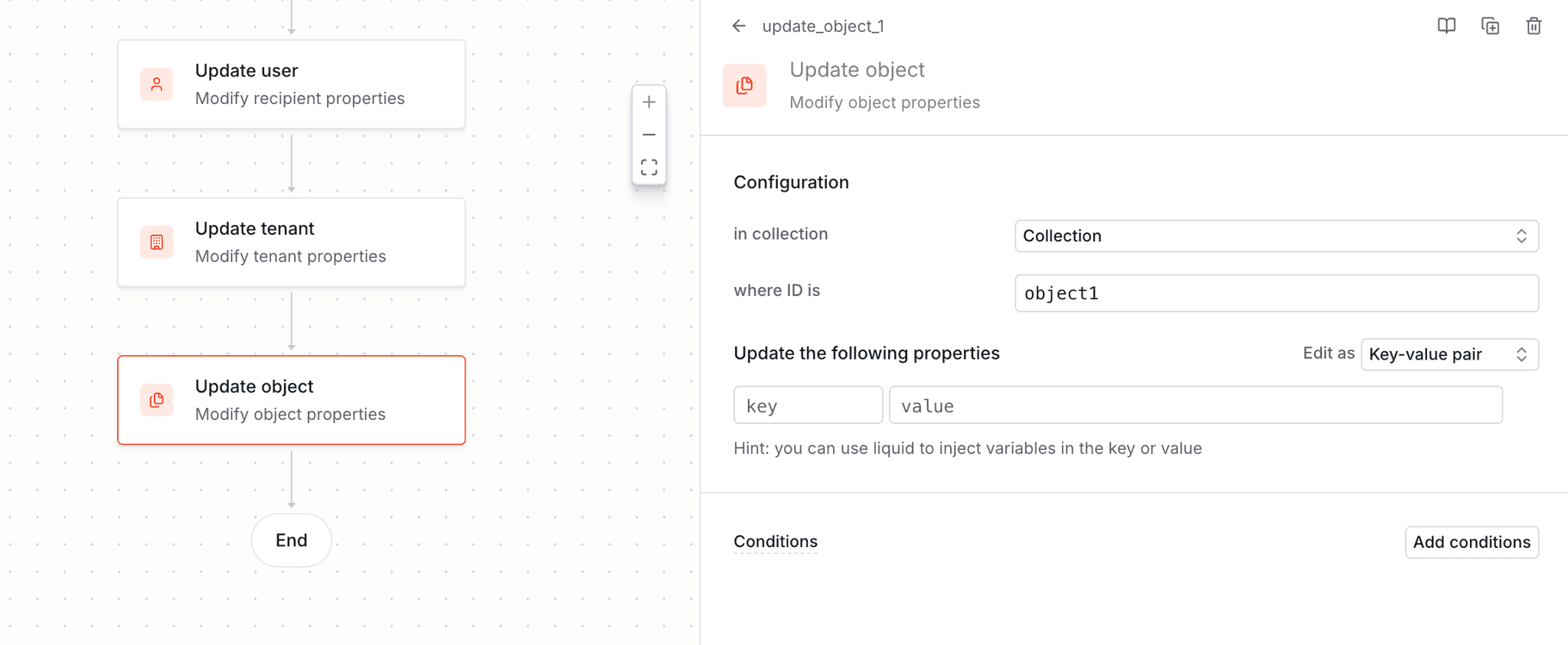 Update object function step in the workflow builder.